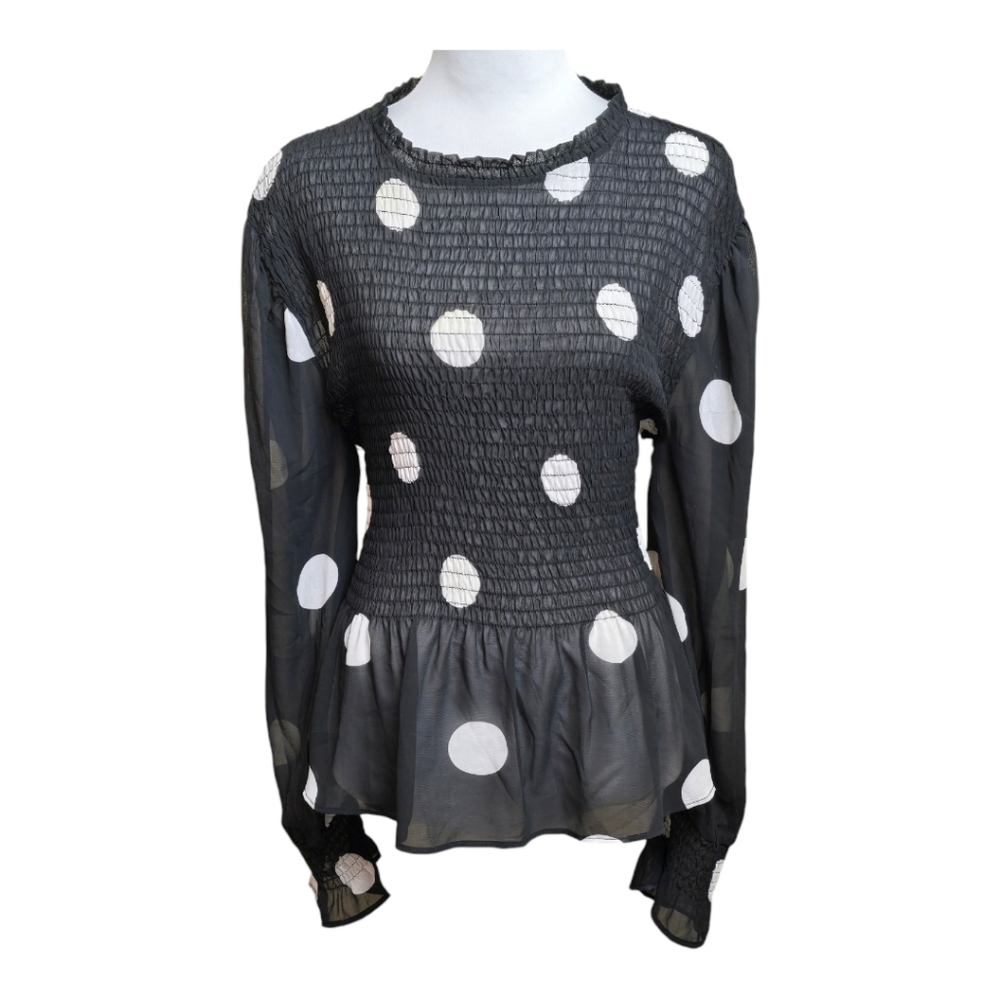 Black and White Ruched Polka Dot Blouse